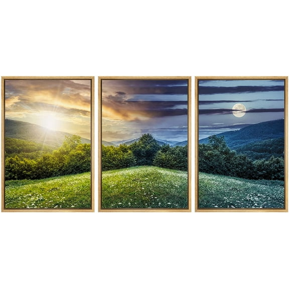 wall26 - 3 Piece Framed Canvas Wall Art - Trees on Hillside of Mountain Range with Coniferous Forest and Flowers on Meadow - Modern Home Art Stretched and Framed Ready to Hang - 24"x36"x3 N
