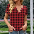 thumbnail image 4 of Womens Short Sleeve Shirt Plaid Print Button Round-Neck T-Shirt Blouses Red, 4 of 5