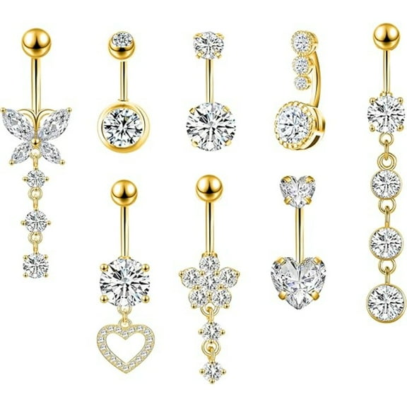 8 Pcs Dangle Belly Button Rings Set - 14G Surgical Steel Gold Navel Jewelry for Summer Beach Party