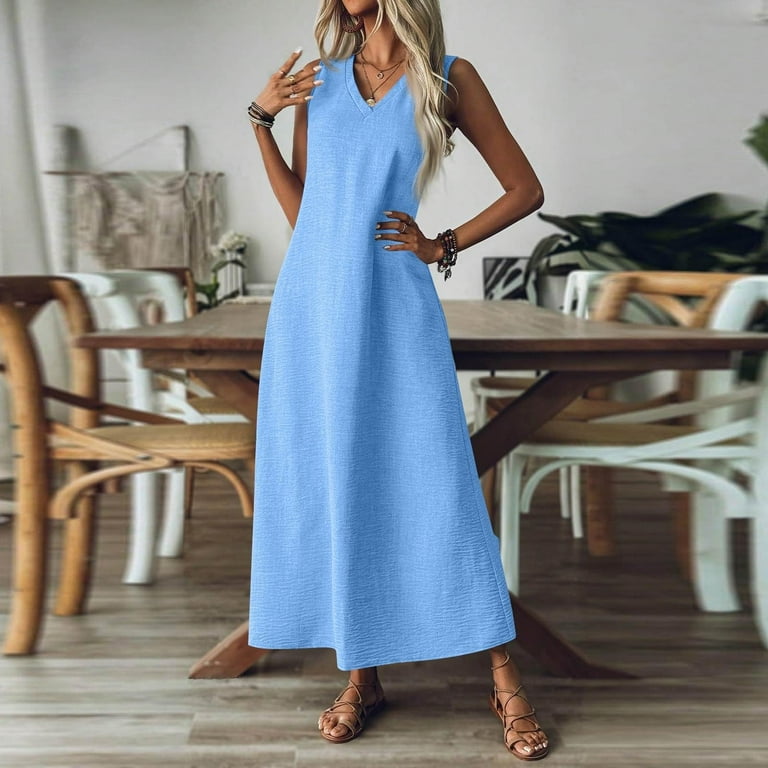 chinese dress ladies Flowy Tiered Sleeveless Maxi Linen Dress main image 0