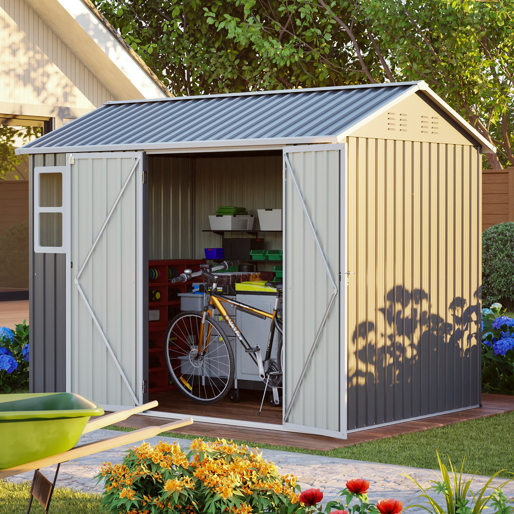 8'x6' Outdoor Storage Shed with Window, Large Metal Garden Shed for Backyard, Lockable Double Doors & Sloped Roof, Heavy Duty Galvanized Steel Tool Shed for Lawn Mower, Bike, Patio - Dark Gray