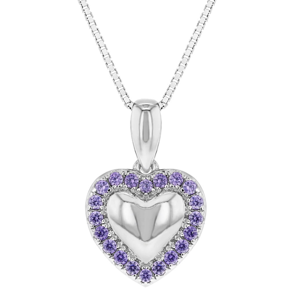 925 Sterling Silver Purple Cz Small Heart Pendant Necklace For Girls 16