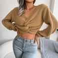 thumbnail image 2 of Arlun Women's Cropped Wrap Sweaters V-Neck Long Sleeve Cross Front Knitted Sweaters Solid Color Casual Loose Fit Knit Basic Pullover Tops Khaki M, 2 of 7