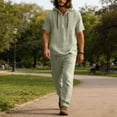 thumbnail image 2 of Mens 2 Piece Linen Set Summer Beach Short Sleeve Button Down Hooded Shirt Long Pant Vacation Casual Outfit with Short Sleeve Button-Up Top and Relaxed Long Pants Army Green L, 2 of 6