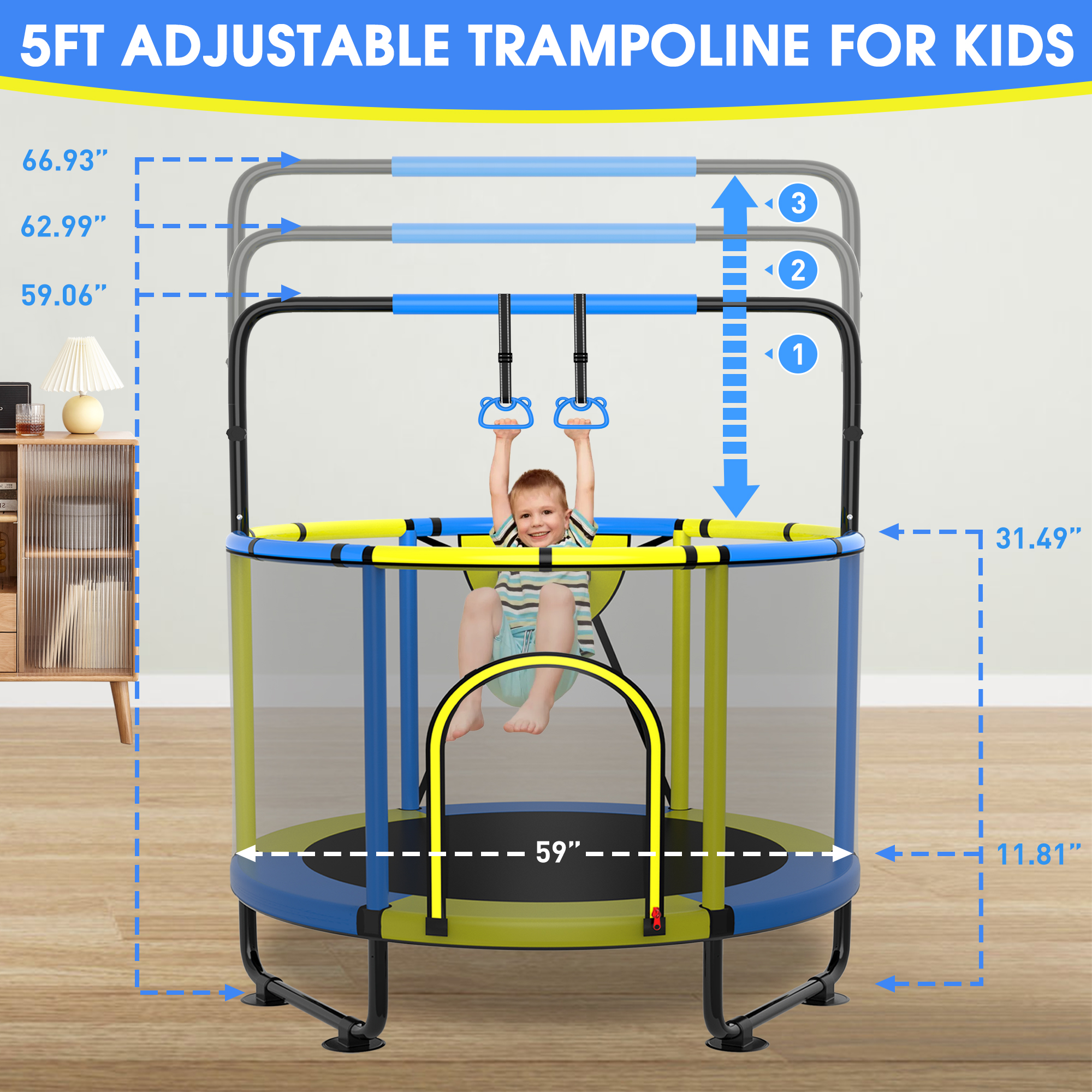 Kumix 60'' Trampoline for Kids, 440LBS Indoor/Outdoor Trampoline with Enclosure, Basketball Hoop, Mini Toddler Trampoline with Swings, Adjustable Bars and Rings, Gifts for Kids, Toddler, Boys & Girls - image 4 of 7