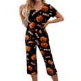 thumbnail image 3 of Women's Halloween Pajama Set Short Sleeve V Neck Top and Cropped Pants Lightweight Breathable Lounge Outfit with Pumpkin Print Casual Sportswear for Daily Wear Black L, 3 of 6