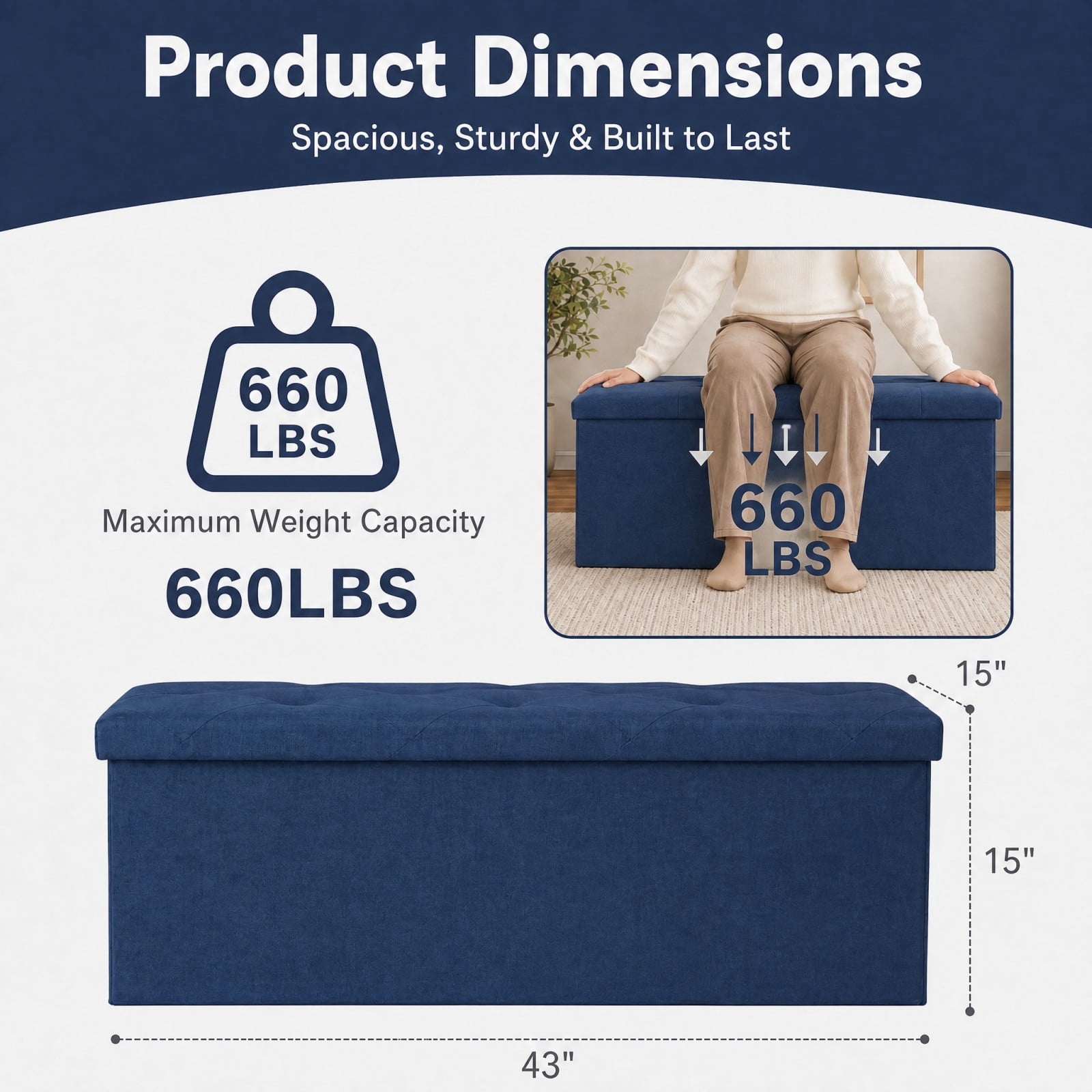 Telyra 43" Foldable Storage Ottoman Bench Fabric Footrest Stool with Foam Padded Seat, Blue