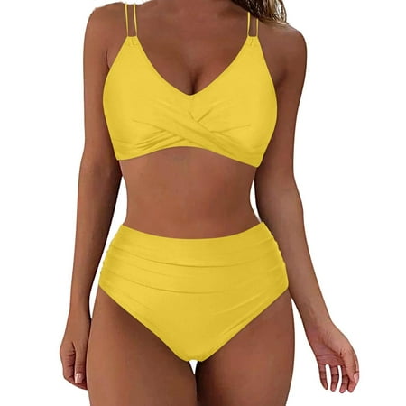 Uaswgudfs Women s Fashionable Bikini Swimsuit Set with Cross-Front Detail and Form-Fitting Stretch Fabric Design Beach Swim Casual Swimming Suits Yellow M