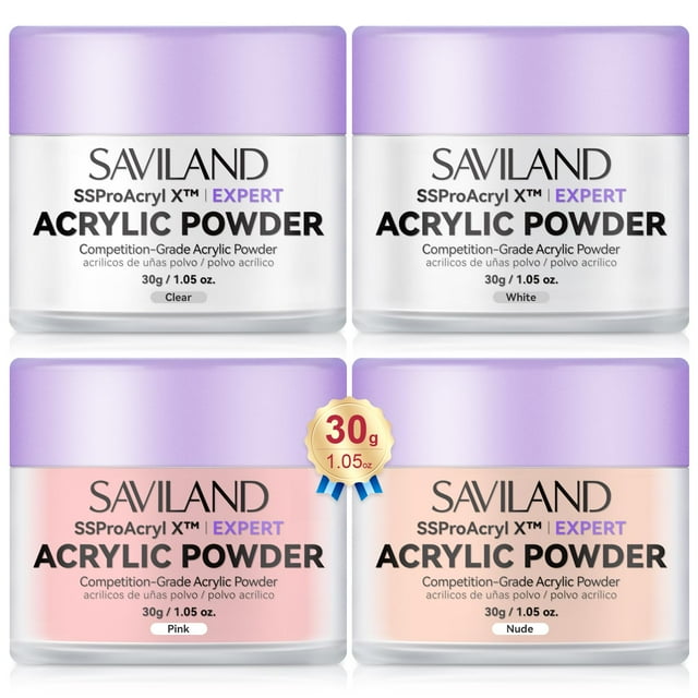 Set de polvos acrílicos para uñas SAVILAND, 4 unidades, 30 g, blanco transparente y rosa