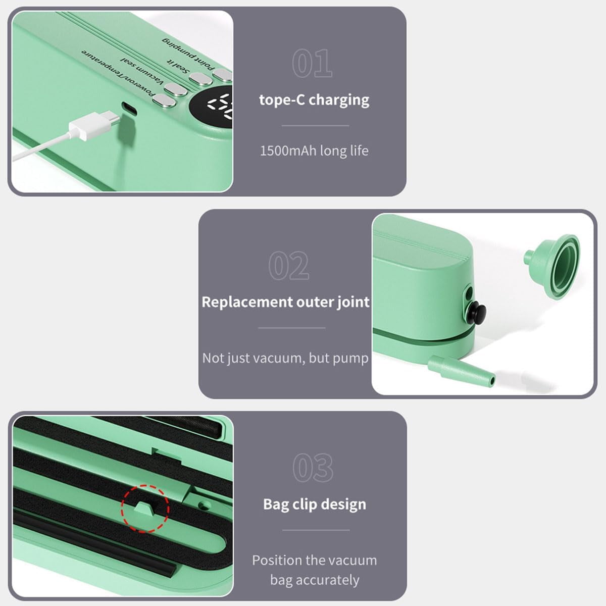 Mini Cordless Vacuum Sealer,3 in 1 Rechargeable Cordless Handheld Bag Resealer,Heat Sealer Machine with Digital Display for Chip Snack Food Preservation Dry/Moist Food Storage (green)