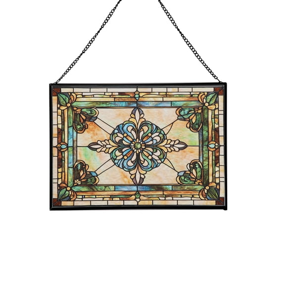 Handmade Mission Tiffany Style Window Panel, 13x9.5 Inch Hanging Stained Glass Suncatcher, Decorative Home Accent with Metal Chain 90OR7