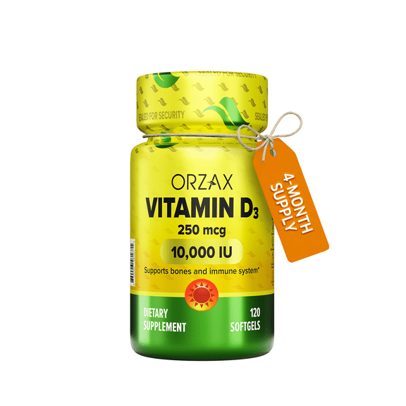 ORZAX Vitamin D3 10000 iu, 120 Days Supply, 125 Mcg Vitamin D3 Mini Softgel, 120 Count