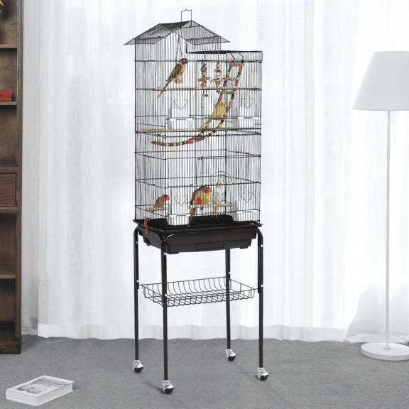 Yaheetech 62.4"H Rolling Metal Bird Cage with Play Top & Detachable Stand & Toys, Black