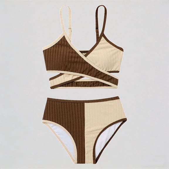 REDARER Girls' 2-Piece Bikini Set – Striped Cutout Top High-Waisted Bottoms, Adjustable-Strap Swimwear for Teenagers & Children,9Y