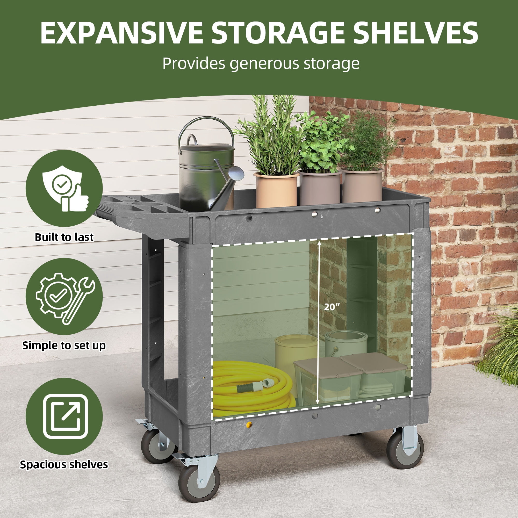 Uforic Heavy-Duty Plastic Utility Cart - 550lbs Capacity, 2-Tier Rolling Storage Organizer with Deep Shelves for Warehouse and Garage, Gray
