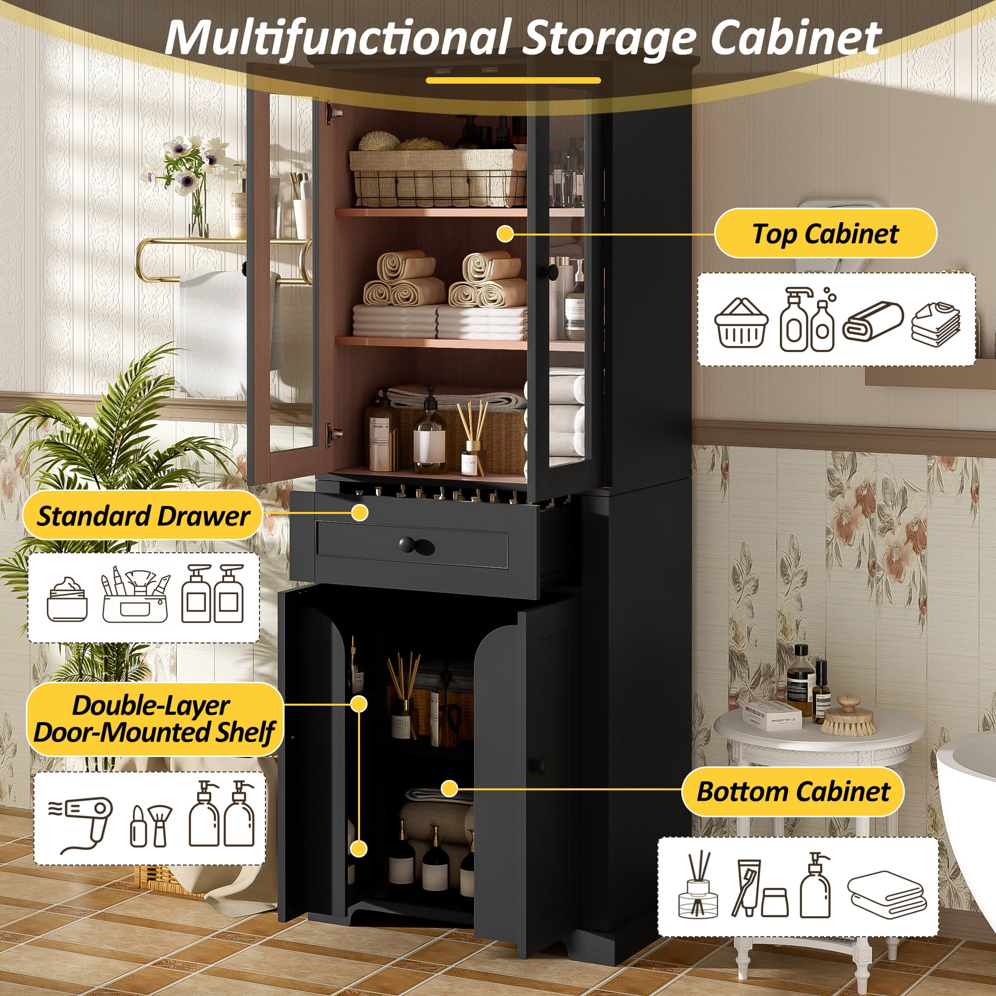 Euroco 67.2" Tall Bathroom Storage Cabinet with Tempered Glass Doors, Adjustable Shelves & Drawer – Modern Freestanding Linen Tower, Soft-Close Design