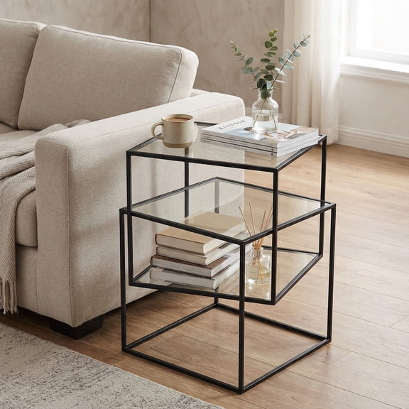 Nesting Coffee Table Modern Square Glass Side Tables with Metal Frame Space Saving Accent End Tables for Living Room Furniture