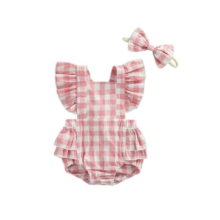 

Arvbitana 0M 6M 12M 18M 24M Infant Baby Girl Plaid Romper Ruffles Sleeveless Back Cross Jumpsuit Headband 2PCS Outfits Summer Clothes