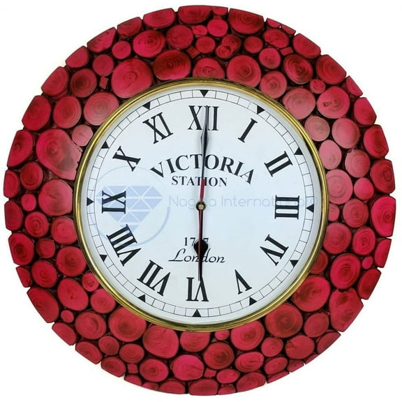Nagina International Sliced Logs Premium Wood Crafted Decorative Colorful Wall Clock with Numbed Matte Velvet Finish | Exclusive Wall Decor (Turnip Red)