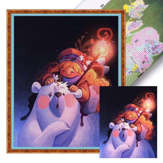 Hilo Algodón Bordado Punto Cruz Ygjytge Niña y Oso 11CT 40x50cm Blanco