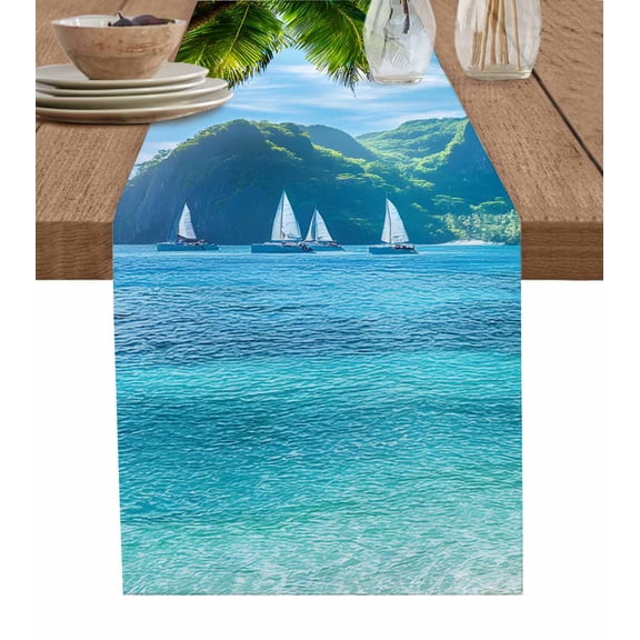 ERUNPONLY Ocean Blue Table Runner - 108 Inch Long Palm Trees Forest Mountain Nature Scenery Cotton and Linen Blended Dress Scarves Farmhouse Table Runner for Kitchen Dining, Coffee Table, 13" x 108"