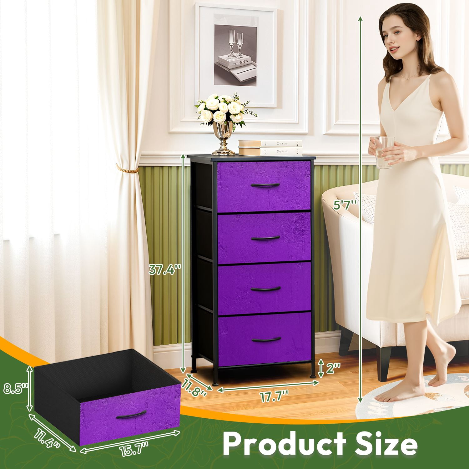 Kanworse 4 Drawer Fabric Dresser for Bedroom Abstract textured light purple Chests of Drawers for Closet Organizers Storage