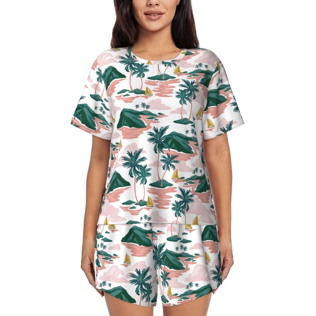 Fotbe Hawaii Palms Conjunto de Pijama Estampado para Mujer, 2 Piezas, Ropa de Dormir con Camiseta de Manga Corta y Shorts Suaves-Small