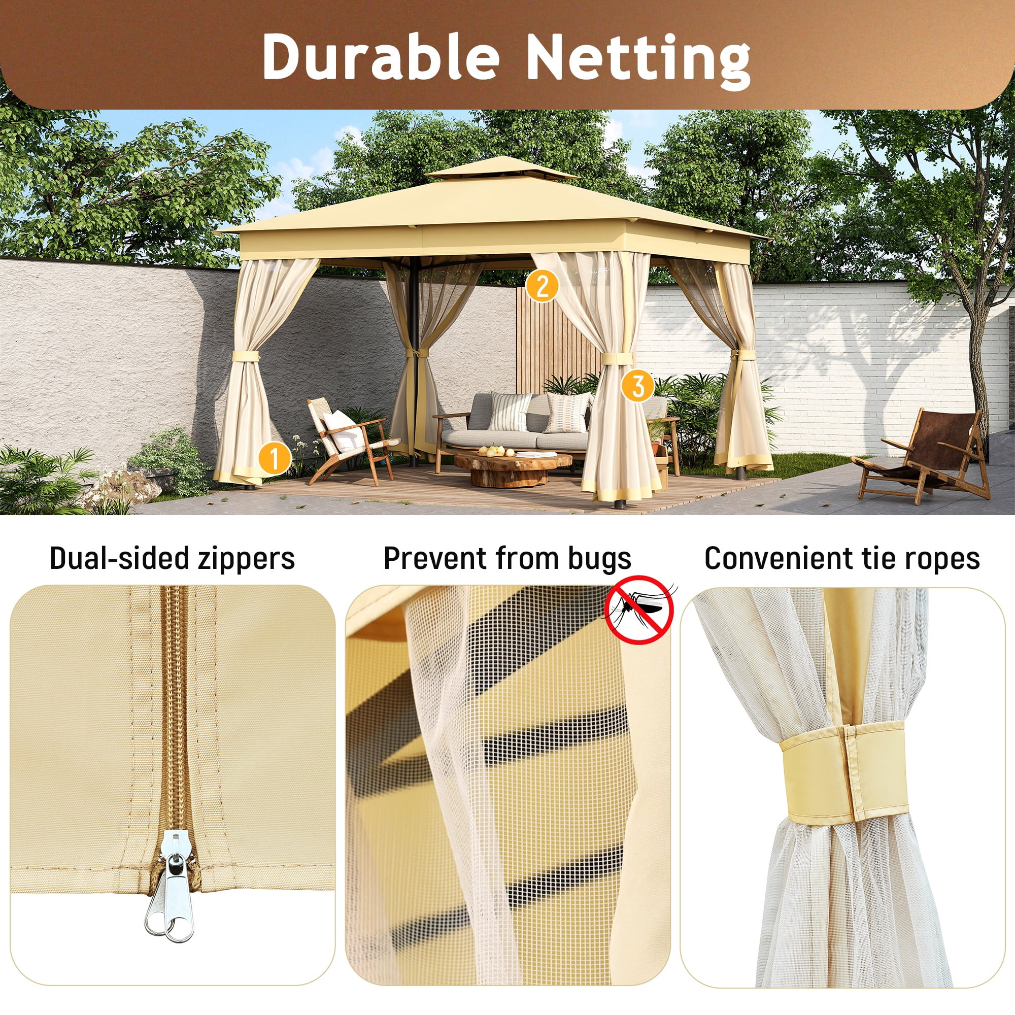 10'x12' Outdoor Gazebo Tent with Double Roofs, Patio Gazebo with Mosquito Netting, Patio Canopy for Backyard, Garden, Lawn and Deck,Beige
