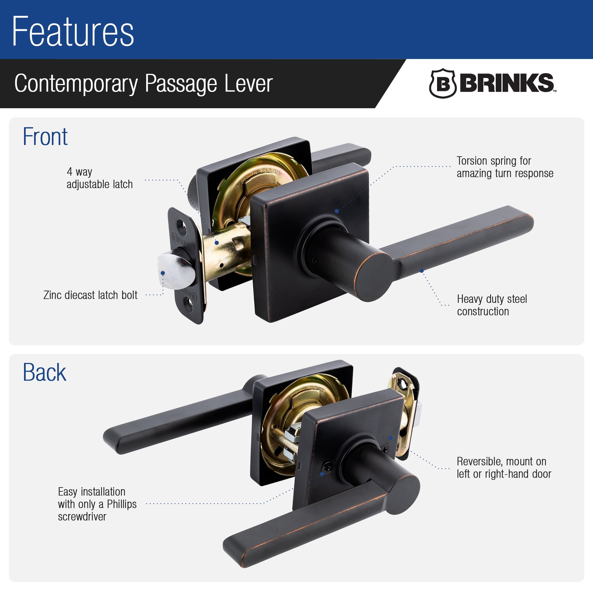 Brinks Contemporary Passage Lever Doorknob, Tuscan Bronze