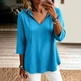 thumbnail image 2 of Women's Plus 3/4 Sleeve Tunic Tops Drawstring Hoodie V Neck Loose Fit Curved Hem Hooded Shirts to Wear with Leggings Fall Casual Outfits, Blue, XXL, 2 of 10