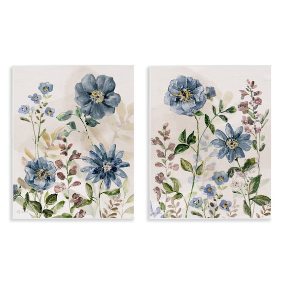 Stupell Industries Blushing Blue Flowers Floral Painting Unframed Art Print Wall Art, 11 x 14, Set of 2