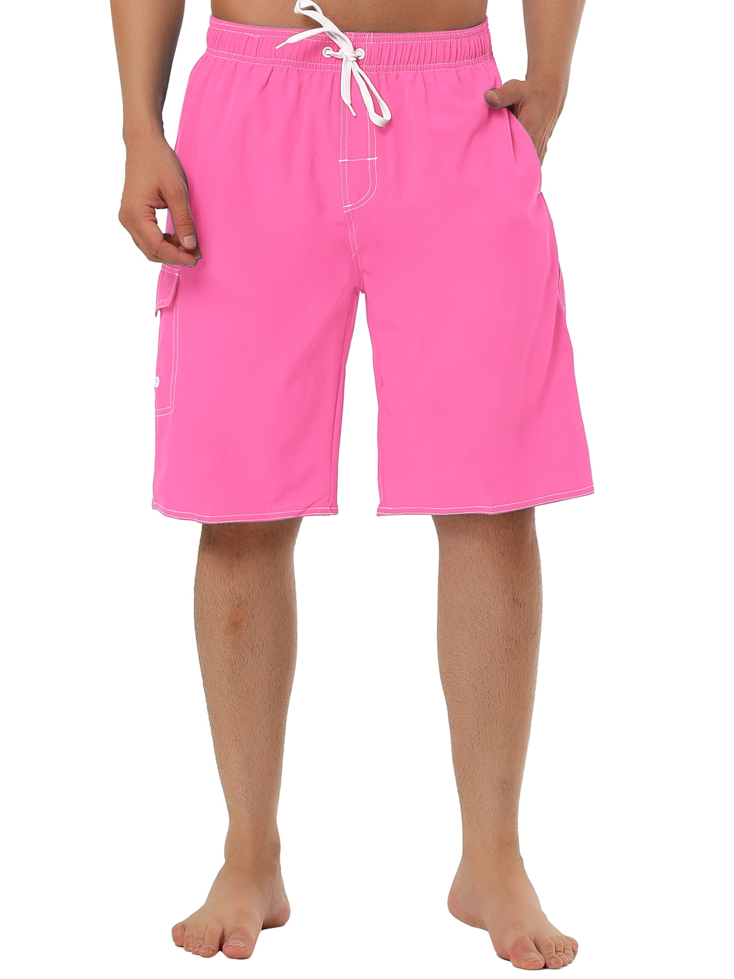 Unique Bargains Men's Summer Solid Drawstring Elastic Waist Beach Pool Board Shorts 30 Pink
