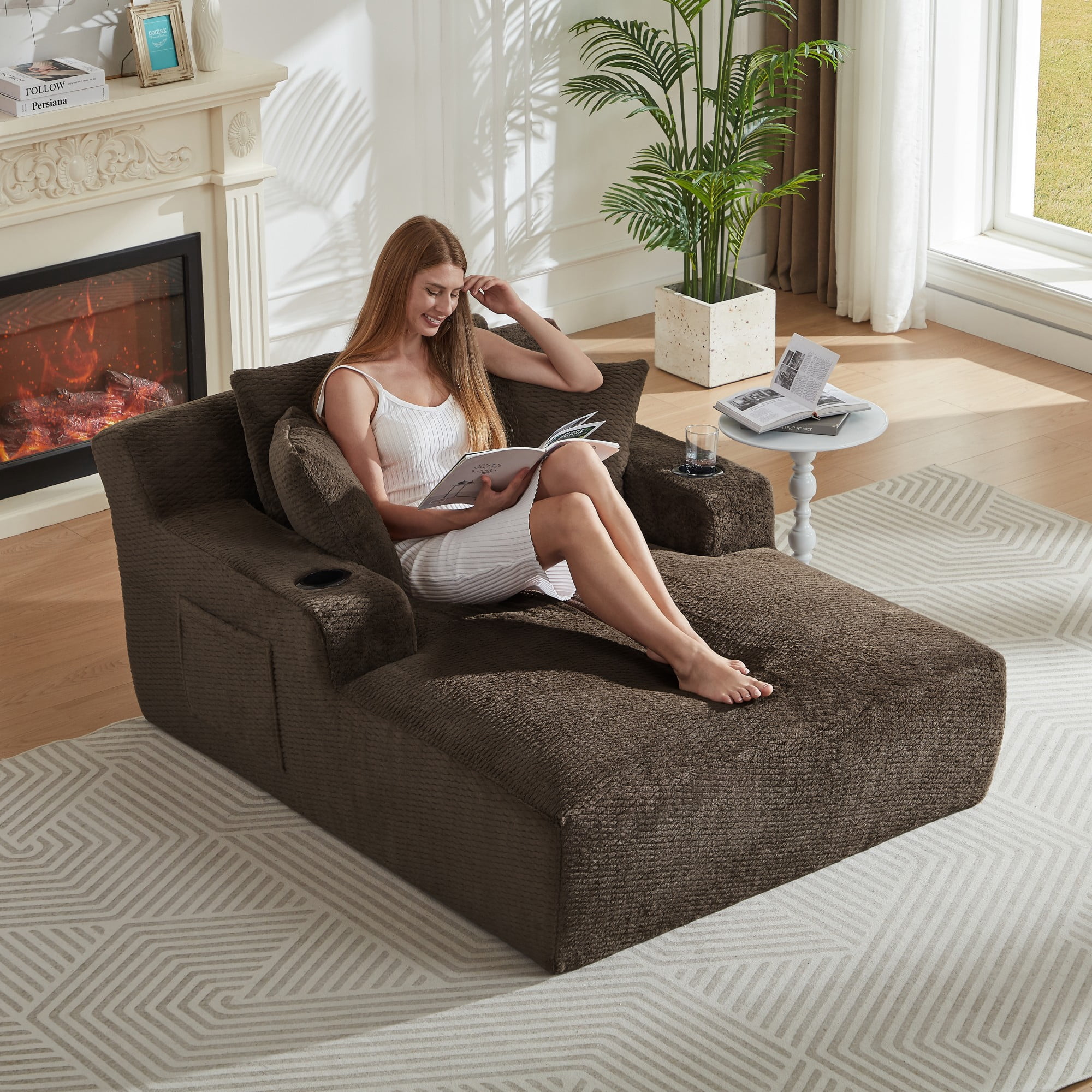Aukfa Oversized Chaise Lounge Chair Indoor, 66" Boneless Sofa Couch with Cup Holders and 3Pillows for Living Room, Dark Brown