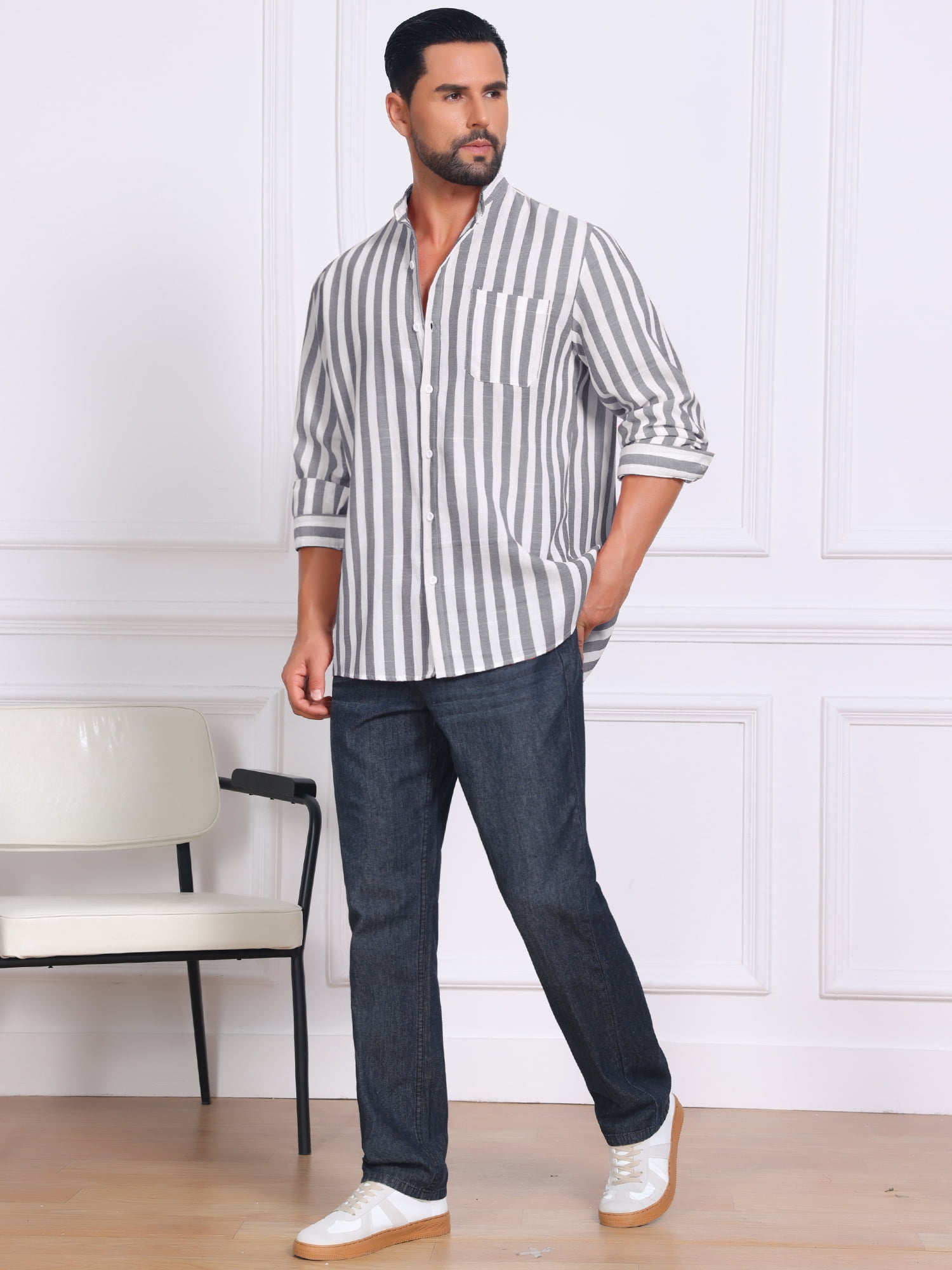 DARING DIVA Men's Striped Stand Collar Long Sleeve Button Down Shirt L Gray