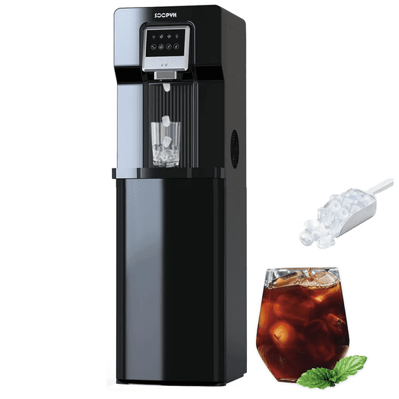 SOOPYK Distributeur d'Eau avec Machine à Glaçons, Chargement par le Bas, Capacité Quotidienne de 18 Lb de Glaçons, pour Bouteilles de 3–5 Gallons, pour la Maison/le Bureau, Noir (Sans Eau Chaude)