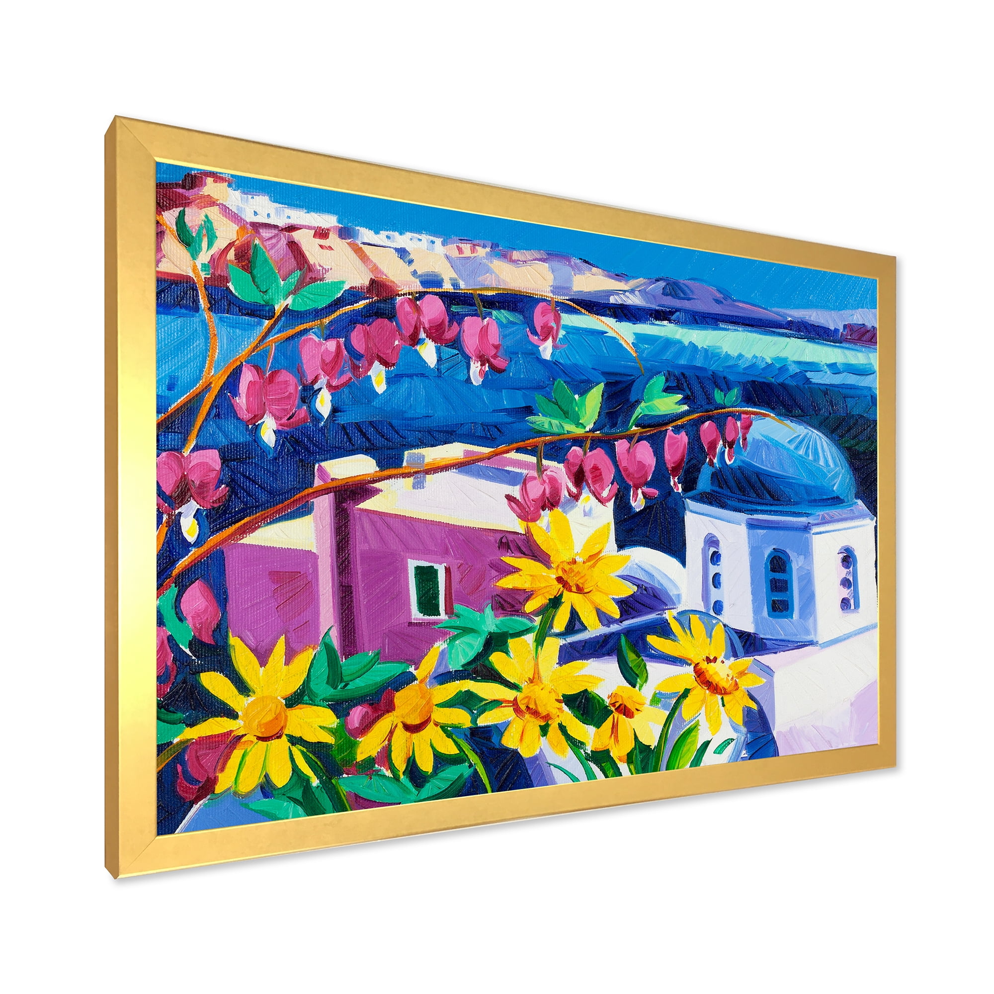 Designart 'Colorful Traditional Santorini Churches Among Flowers' Nautical & Coastal Framed Art Print
