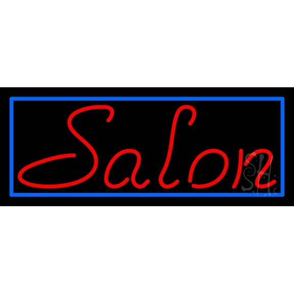 Red Salon With Blue Border LED Neon Sign 10 x 24 - inches, Black Square Cut Acrylic Backing, with Dimmer - Bright and Premium built indoor LED Neon Sign for Defence Force.
