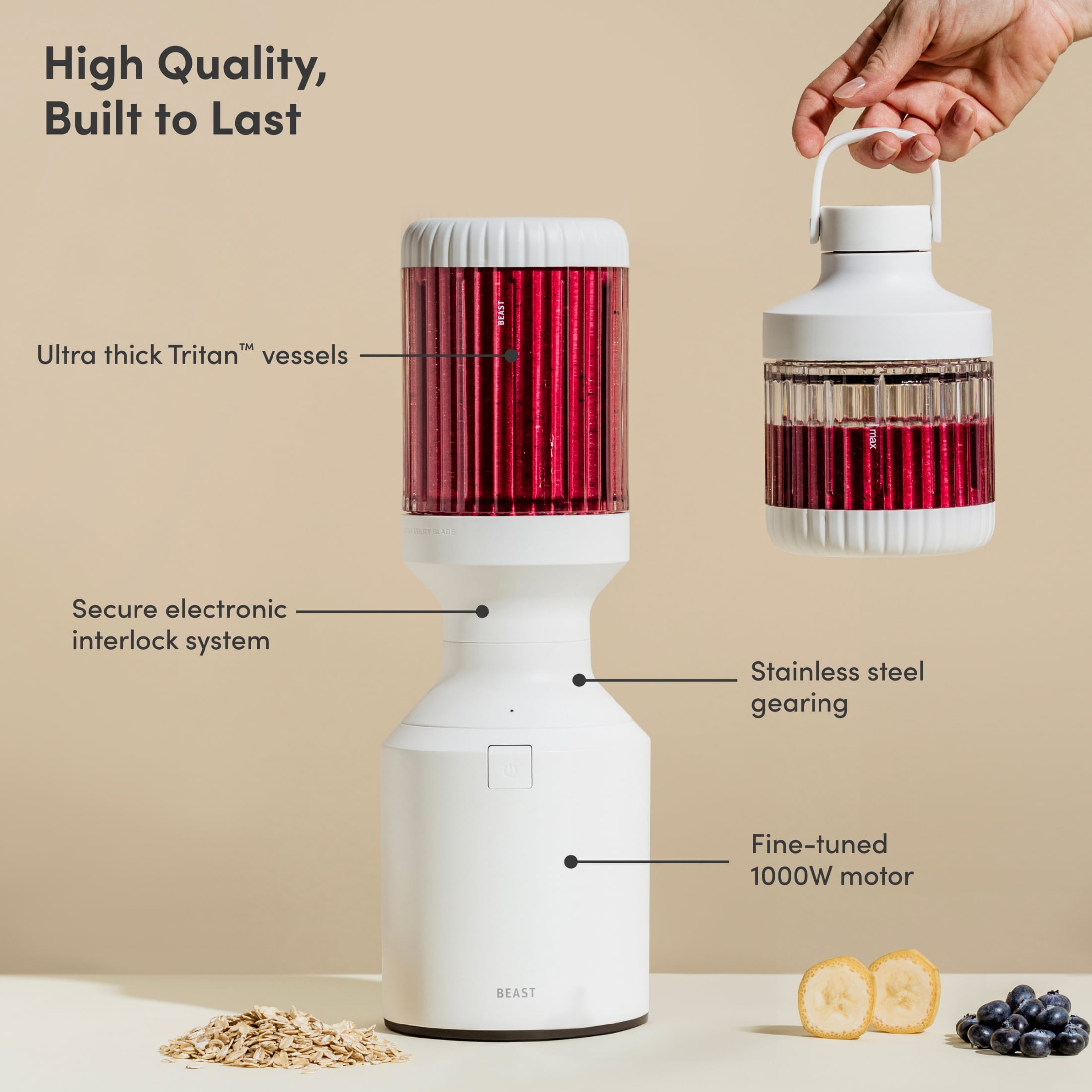 The Beast Blender; Personal Countertop Blending for Smoothies, Shakes, Food Prep & Frozen Fruits & Veggies; Extra Portable Vessels, Straw Cap & Straws Included; 1000W Motor (Cloud White)