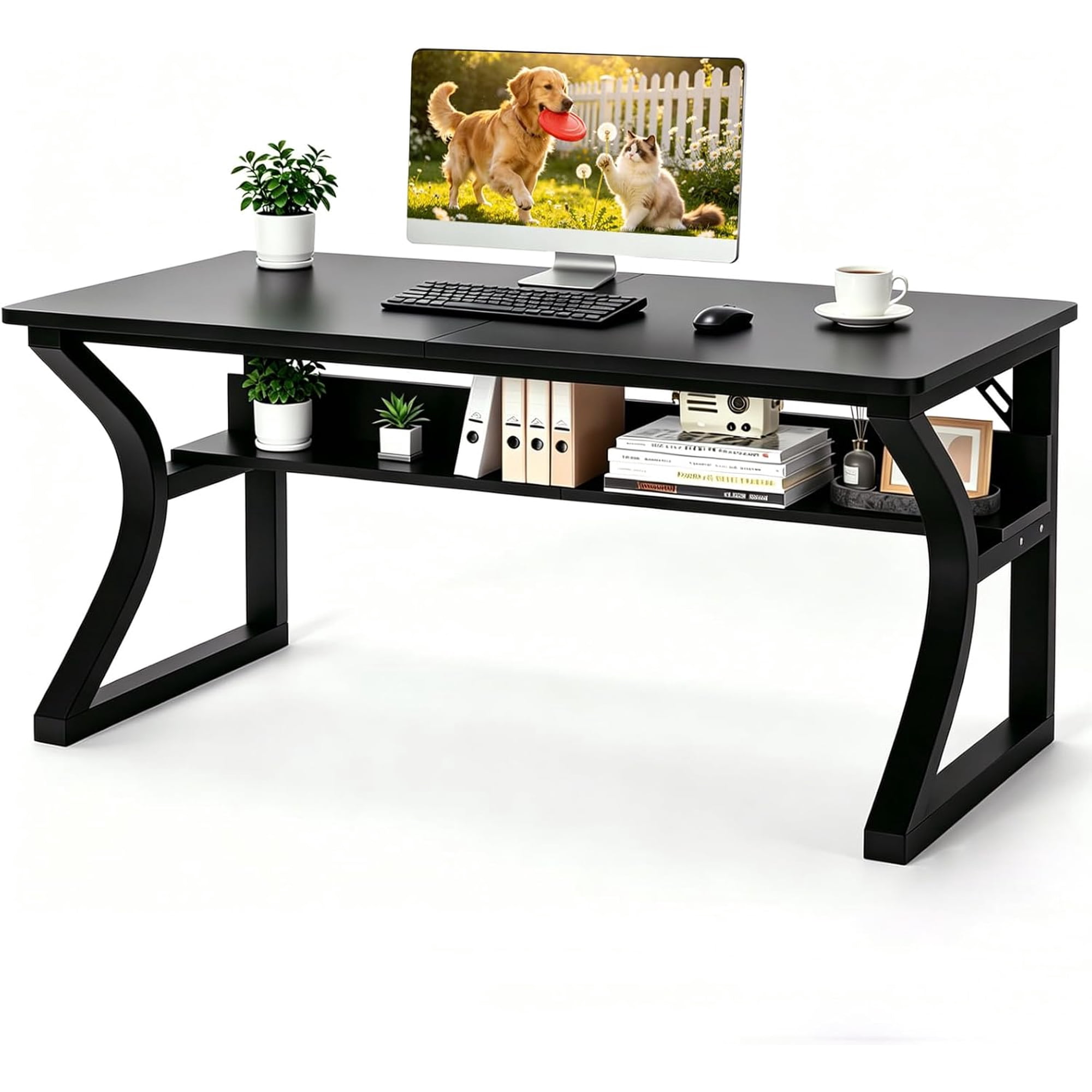 55 X 24 inch Computer Desk, Office Desk w/Storage,Cable Management, Sturdy U-Shaped Metal Frame, Mordern Home Office Desks for Gaming Study Writing (Black, 55 inch)
