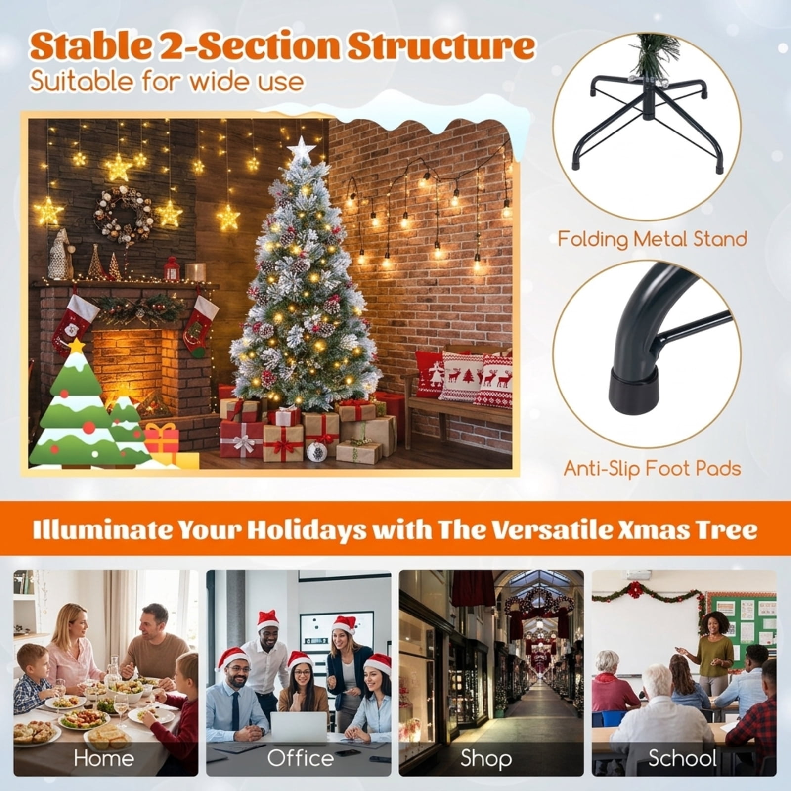 RUIE 7 ft Flocked Christmas Tree, Pre-Lit Green White Artificial Xmas Tree with 8 Lighting Modes, Pine Cones and Treetop Star Light