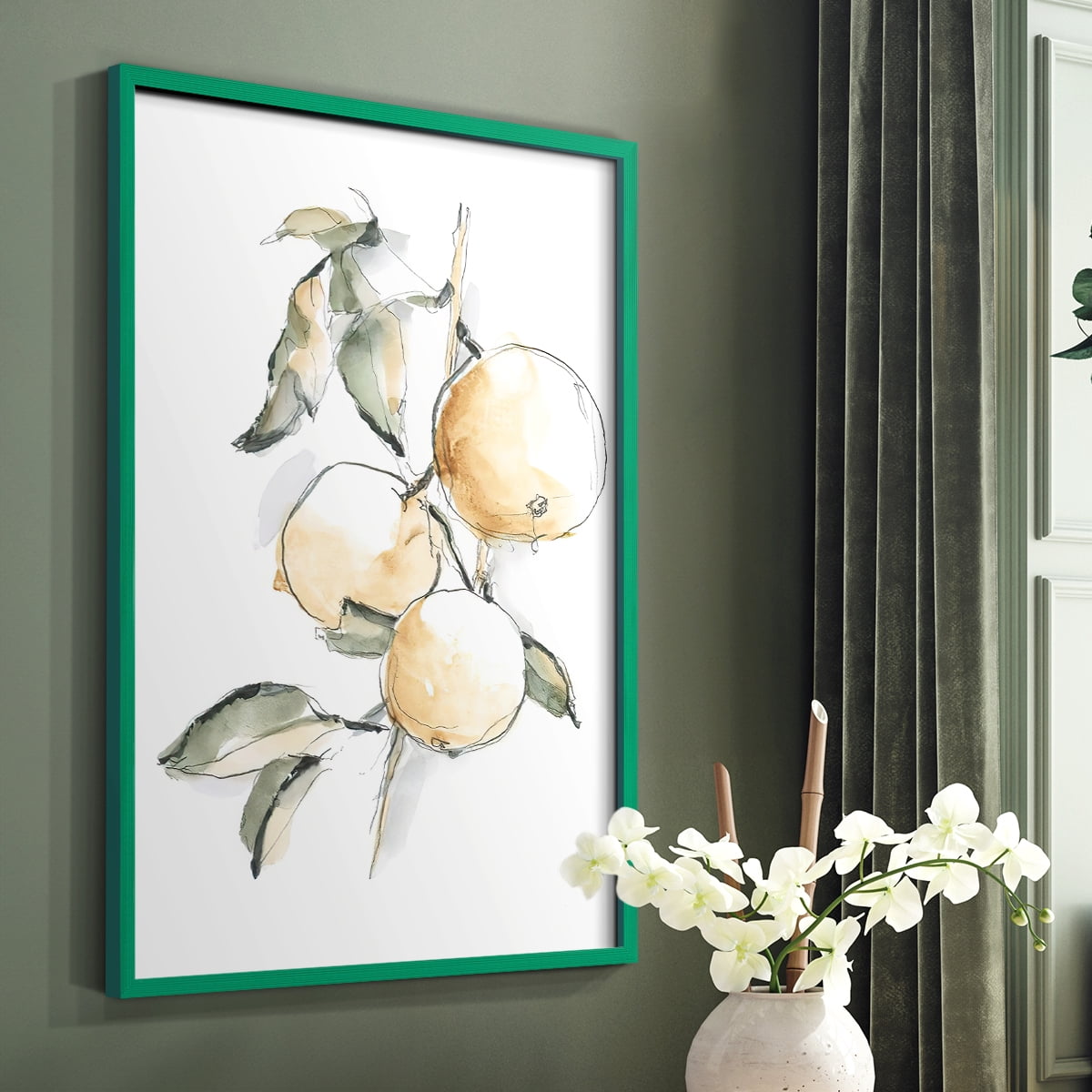 Watercolor Fruit Contour II Framed Print in Green Solid Wood 11 x 14 Framed Print