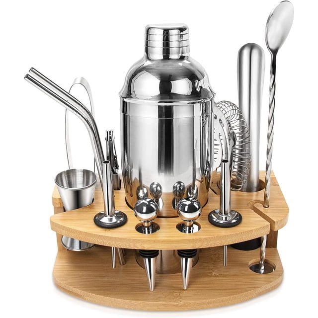 Kit de coctelera, juego de cóctel profesional de acero inoxidable de 13 piezas de 750 ml con soporte de madera, kit de coctelera para bar, fiesta, picnic, boda, celebración ACTIVE Biensenido a ACTIVE