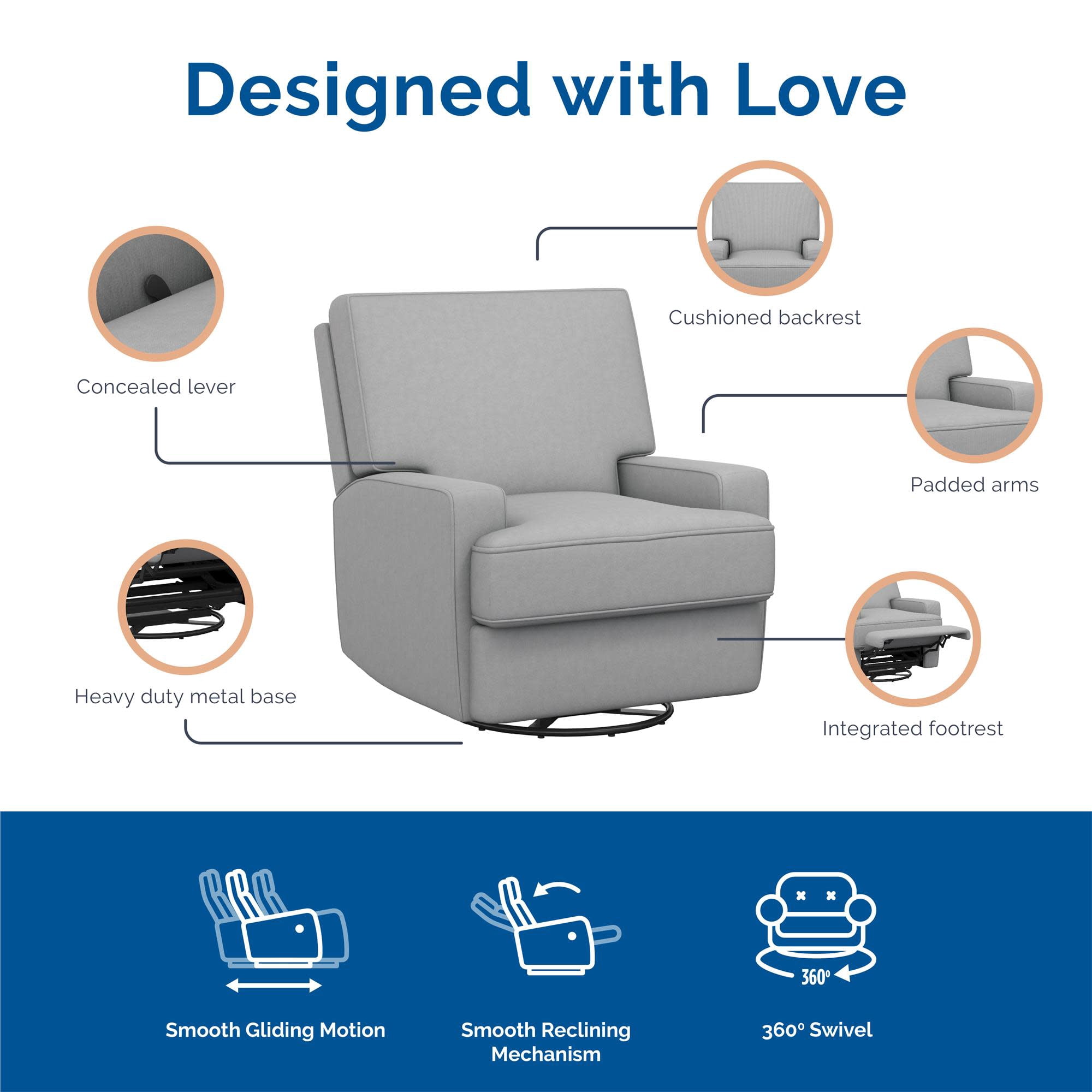 Baby Relax Rylan 4-in-1 Swivel Glider Rocker Recliner Chair, Light Gray