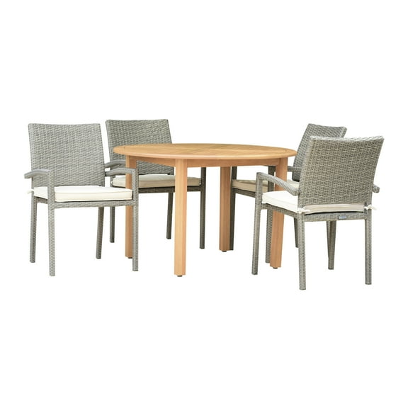 Outdoor Living and Style 5 Piece White, Gray, and Teak Brown Elegant Outdoor Patio Dining Set 3.75'