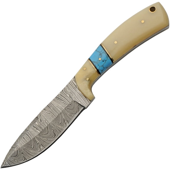 SZCO 8-Inch Heritage Damascus Steel Skinner Knife – 3.75-Inch Hand-Forged Blade with Bone Handle and Premium Leather Sheath