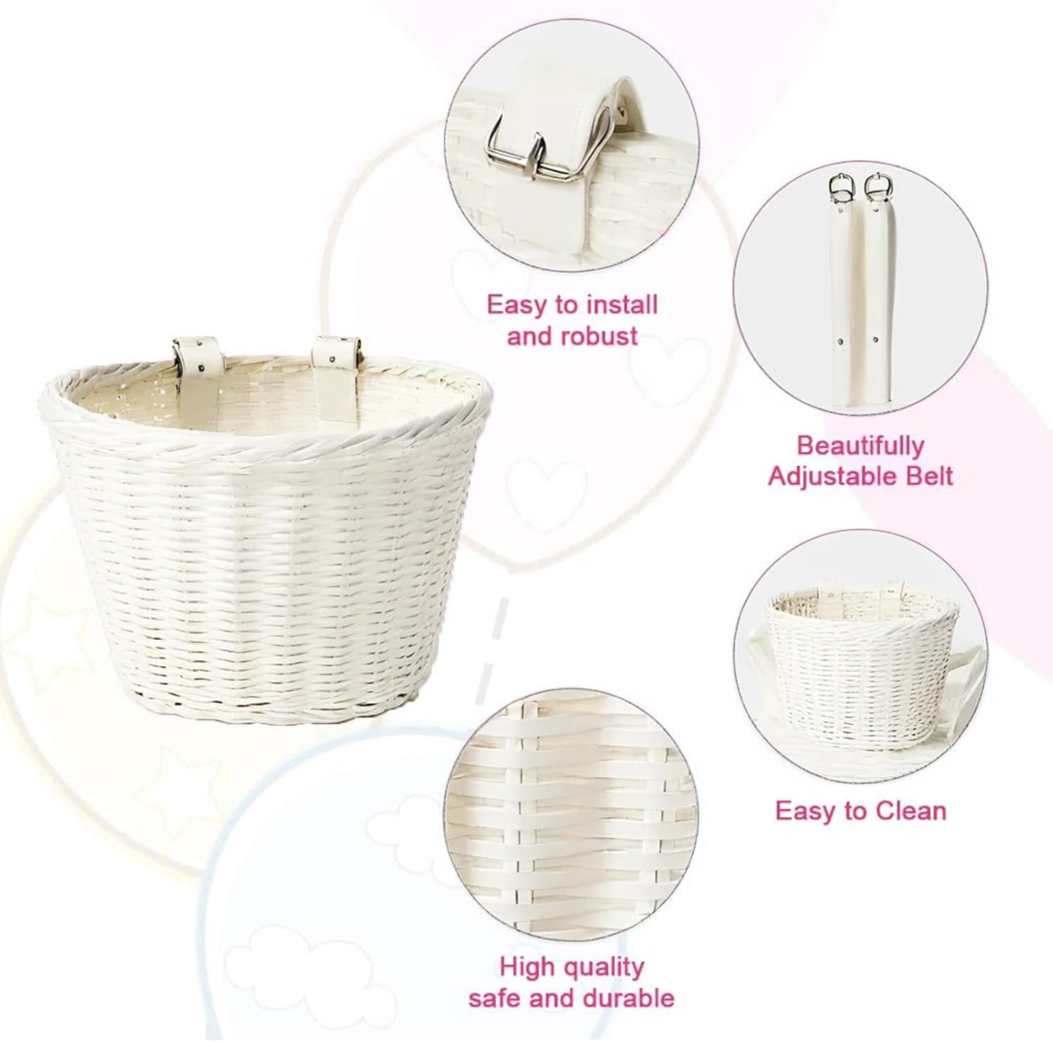 Kid's Bicycle Basket Colored Tassels Wicker Front Handlebar Bike Basket with Streamers Bell and Stickers Bicycle Decoration for Girls and Boys