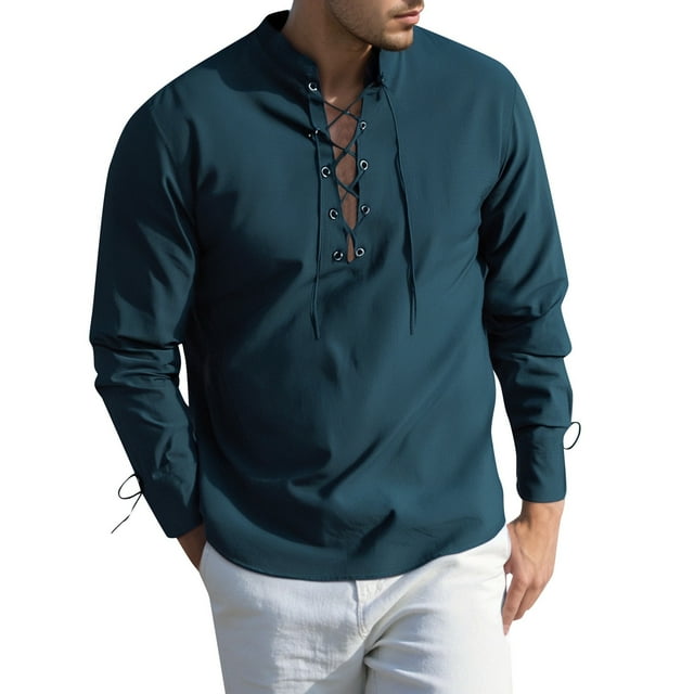 Medieval Style Men's Shirt Long Sleeve Casual Daily Wear Tunic Top With Drawstring Pure Color Soft Stretch Fabric For All Seasons
