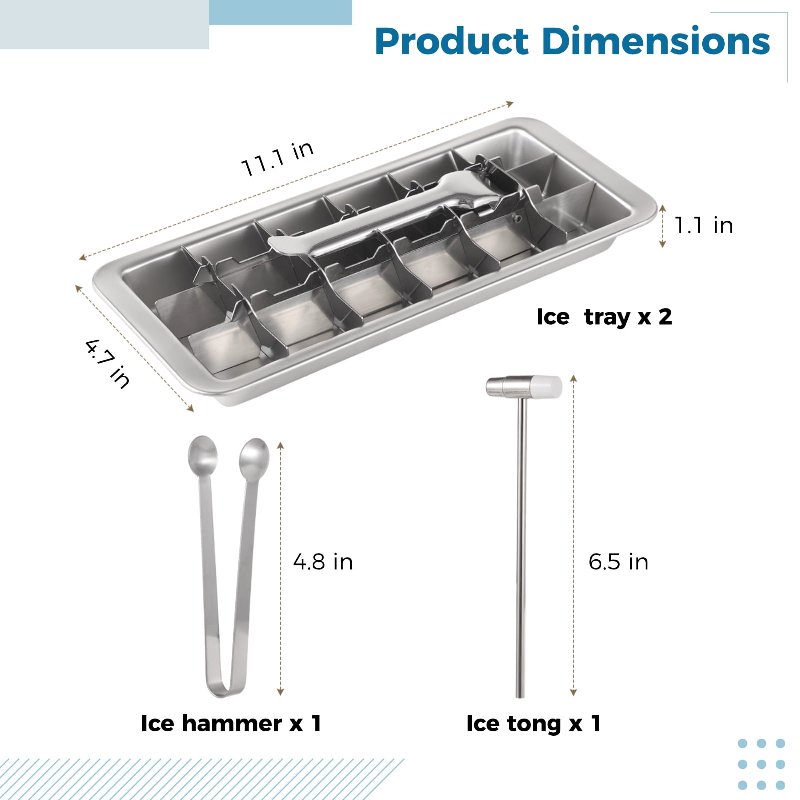 2 PCS Ice Cube Trays Set with Ice Tongs and Hammers, Quick Release Ice Trays with Handle, Stainless Steel Ice Trays for Freezer, Quality Metal Ice Mold for Home Kitchen