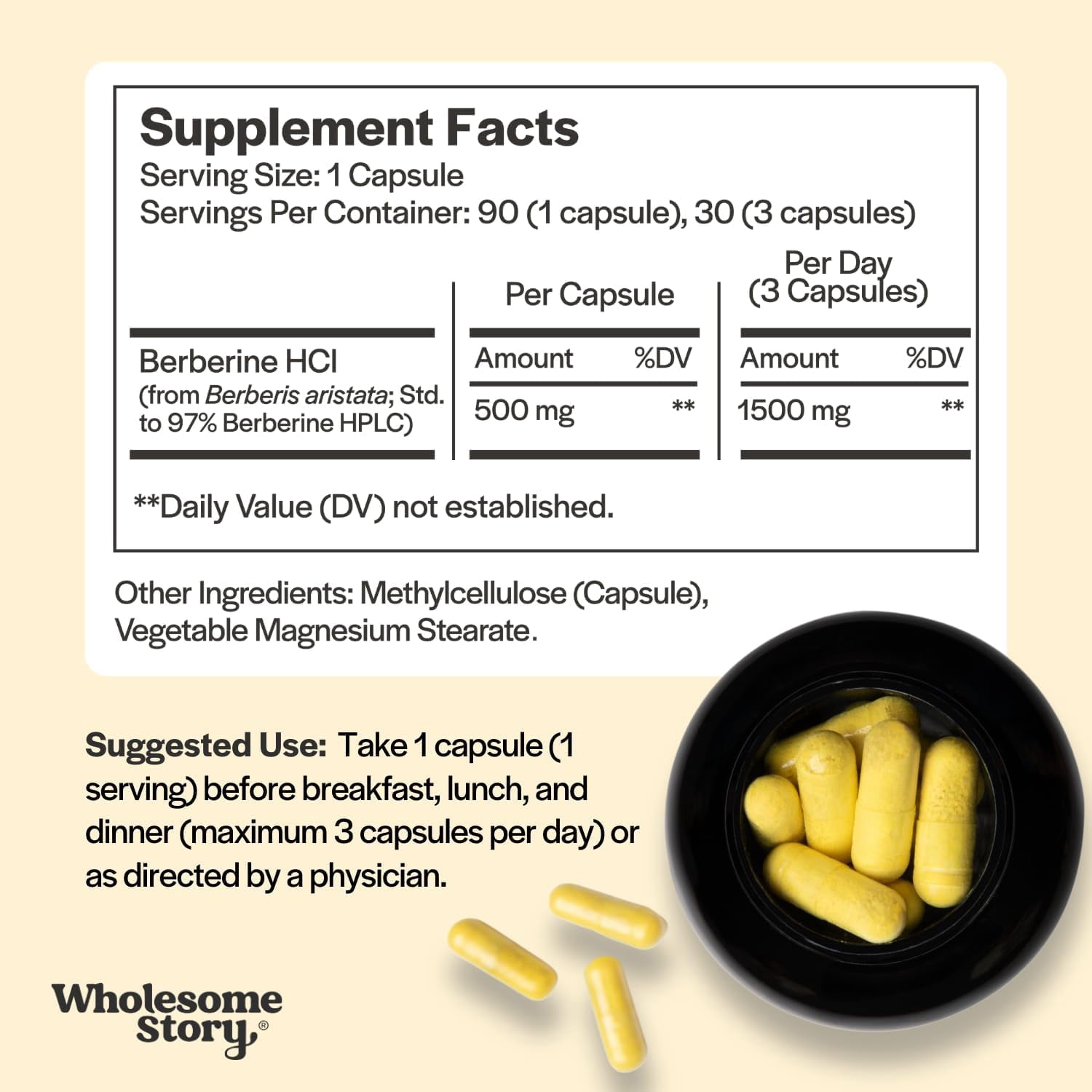 Wholesome Story 1500mg Berberine Supplement for Hormonal Balance & Metabolic Health, 90 Capsules