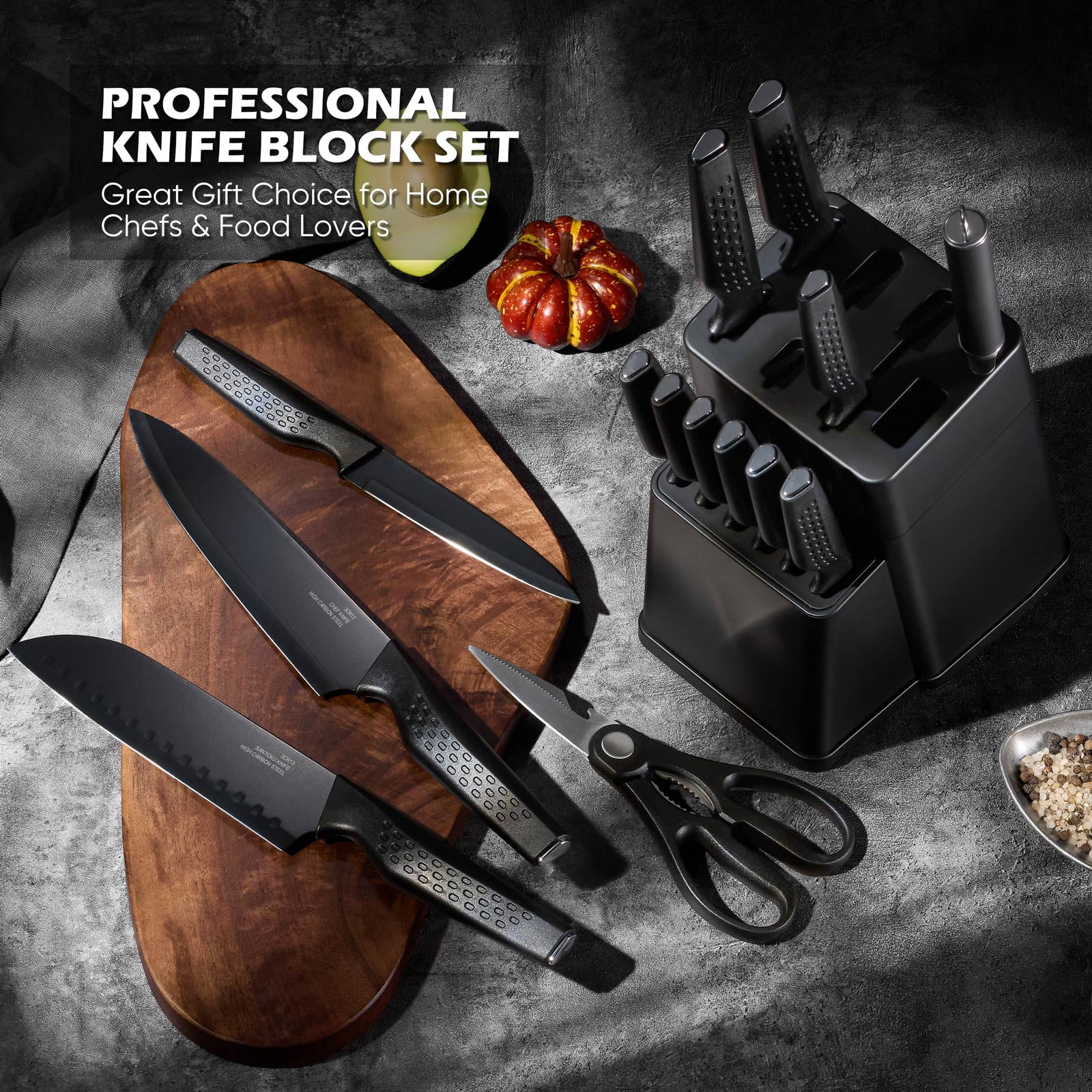 Vesteel Knife Block Set for Kitchen, 15-Piece High Carbon Stainless Steel Knives Set with Ergonomic Handle, Ultra-sharp & Rust Resistant, Black